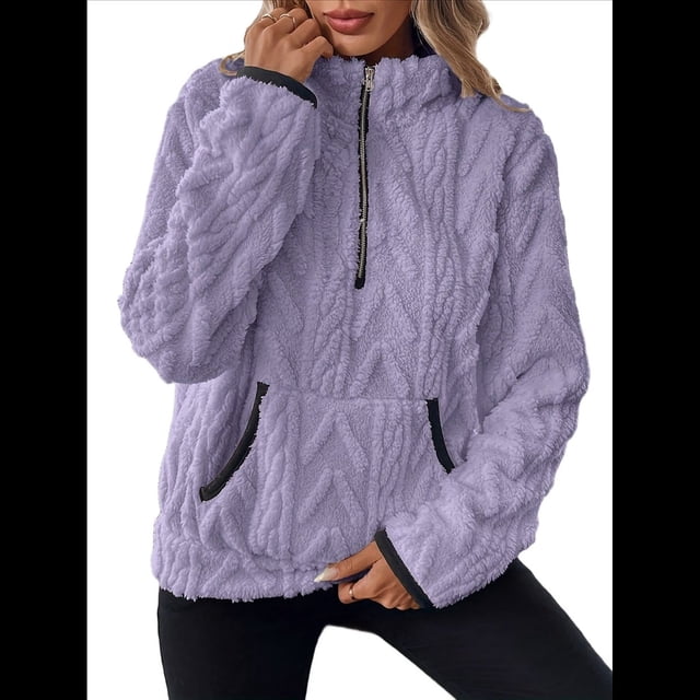 Suéter de Larga con Cremallera de un Cuarto para Mujer, Sudadera de Forro con Capucha, Sudaderas con Solapa, Suéteres Cálidos con Bolsillos. Púrpura L