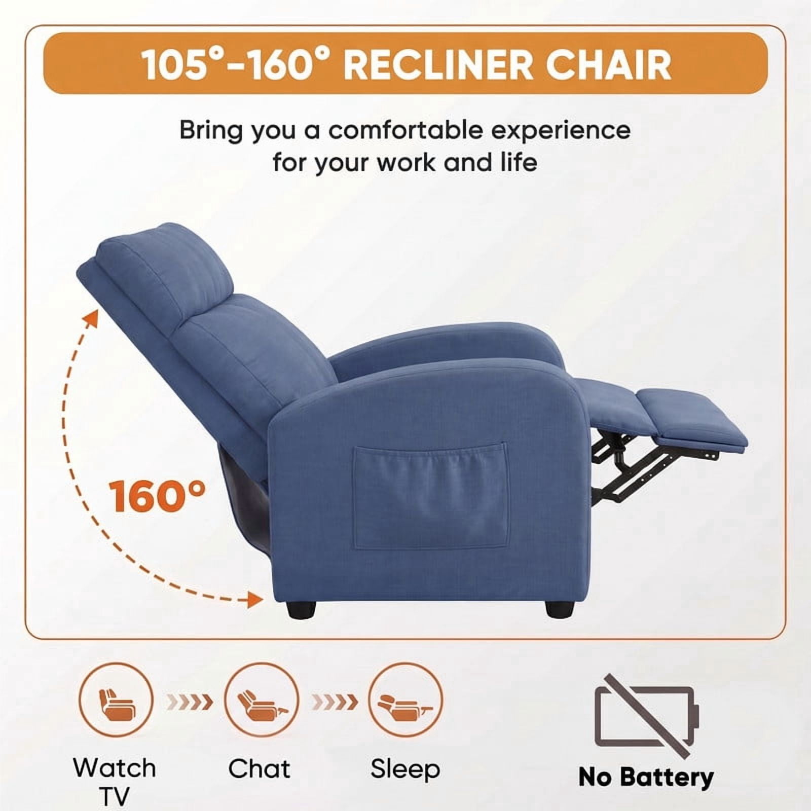 Vineego Massage Recliner Chair Small Places Single Sofa Adjustable Home Theater Seating with Side Pockets for Living Room,Linen Blue