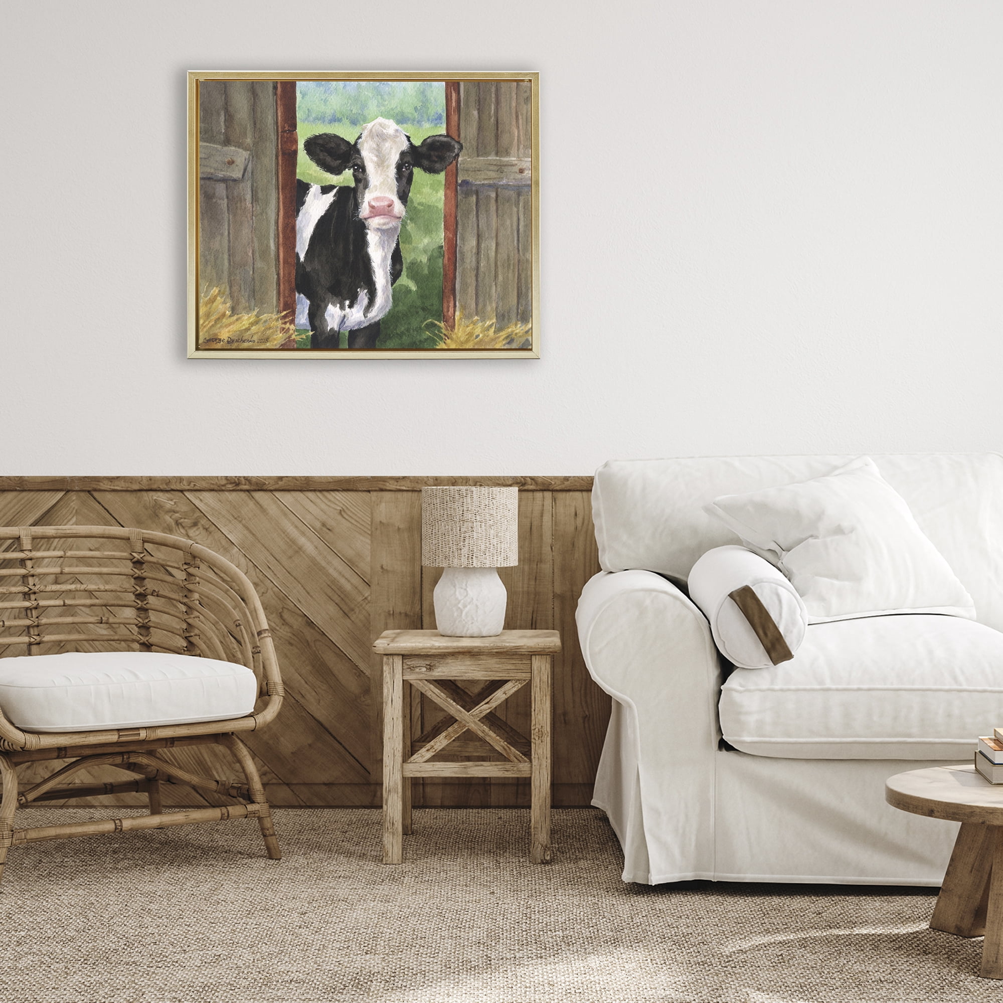 Stupell Industries Cow in Wooden Gate Gold Framed Floater Canvas Wall Art, design by George Dyachenko