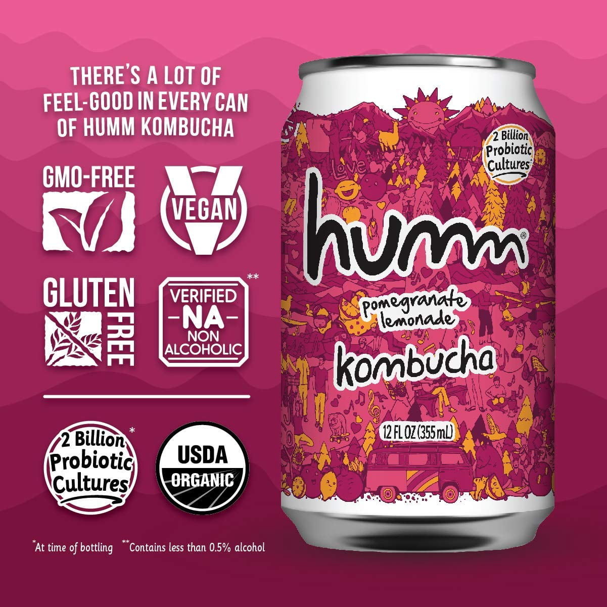 Humm Kombucha Tea, Pomegranate Lemonade, Probiotic, Organic, 12oz Can
