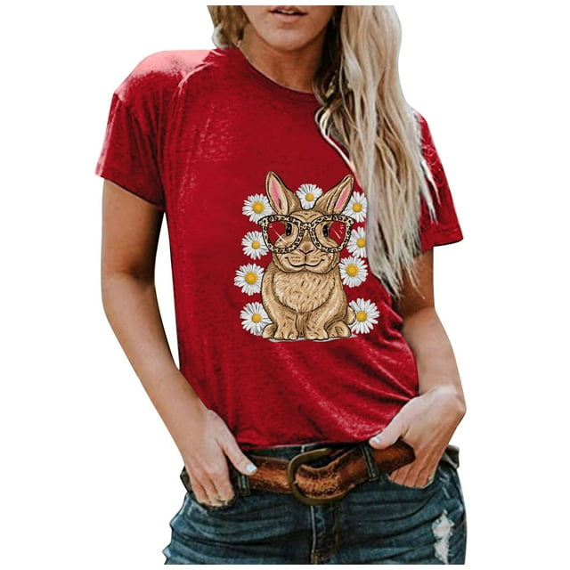 Hauts d'Été Grande Taille pour Femmes, T-shirt Imprimé Lapin Col Rond, Blouse Décontractée à Manches Courtes, Col en V, en Solde