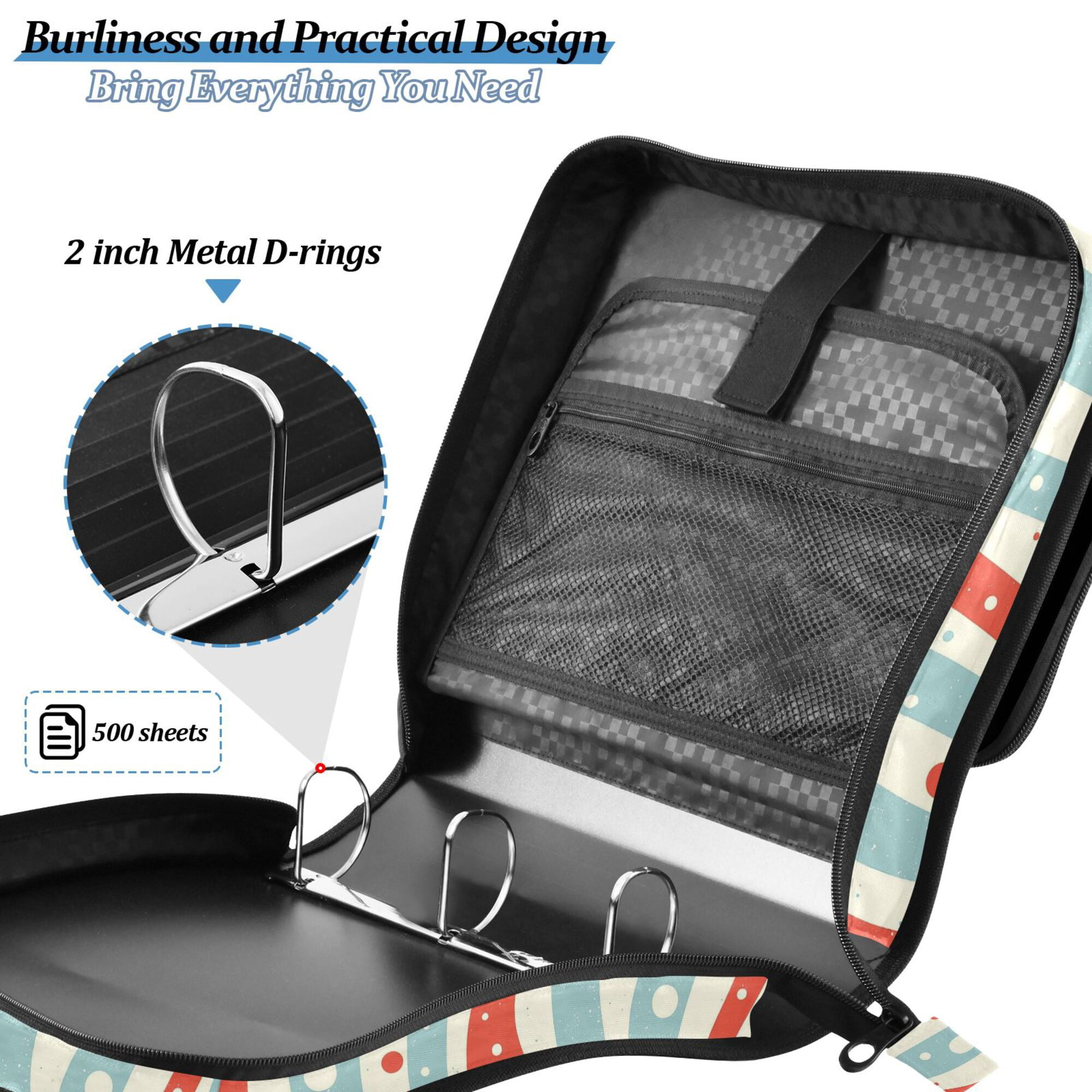 FORMRS Zipper Binder with Shoulder Strap 2-inch Ring 500 Sheet Capacity File Bag, Light Blue Pattern