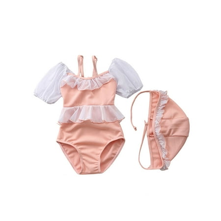 

Inevnen Girls Two-piece Swimming Clothes Set Lace Hem Boat Neck Short Sleeve Swimsuit + Swimming Cap