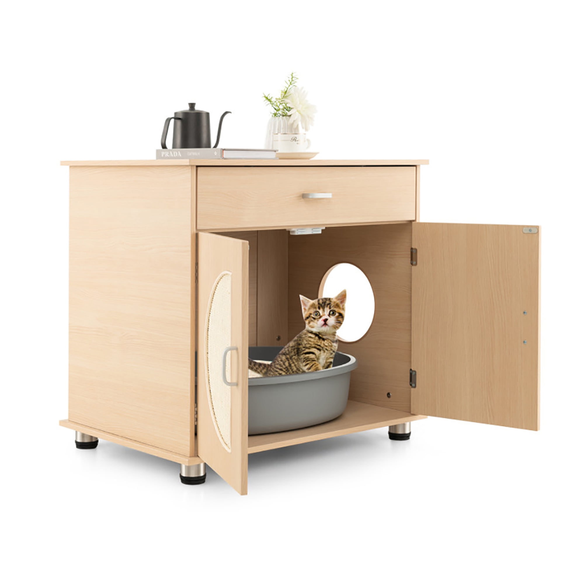 Kadyn 26" Hidden Cat Litter Boxes Enclosure Furniture with Sisal Scratching Doors, Cat House Suitable for Bedroom, Beige