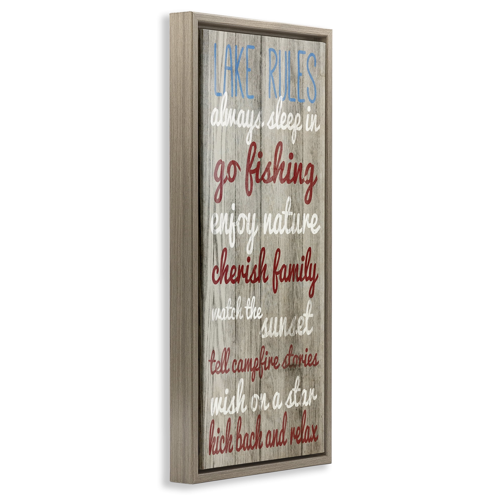 Stupell Industries Rustic Lake Rules Typography Painting Brown Floater Framed Canvas Art Print Wall Art, 11 x 25