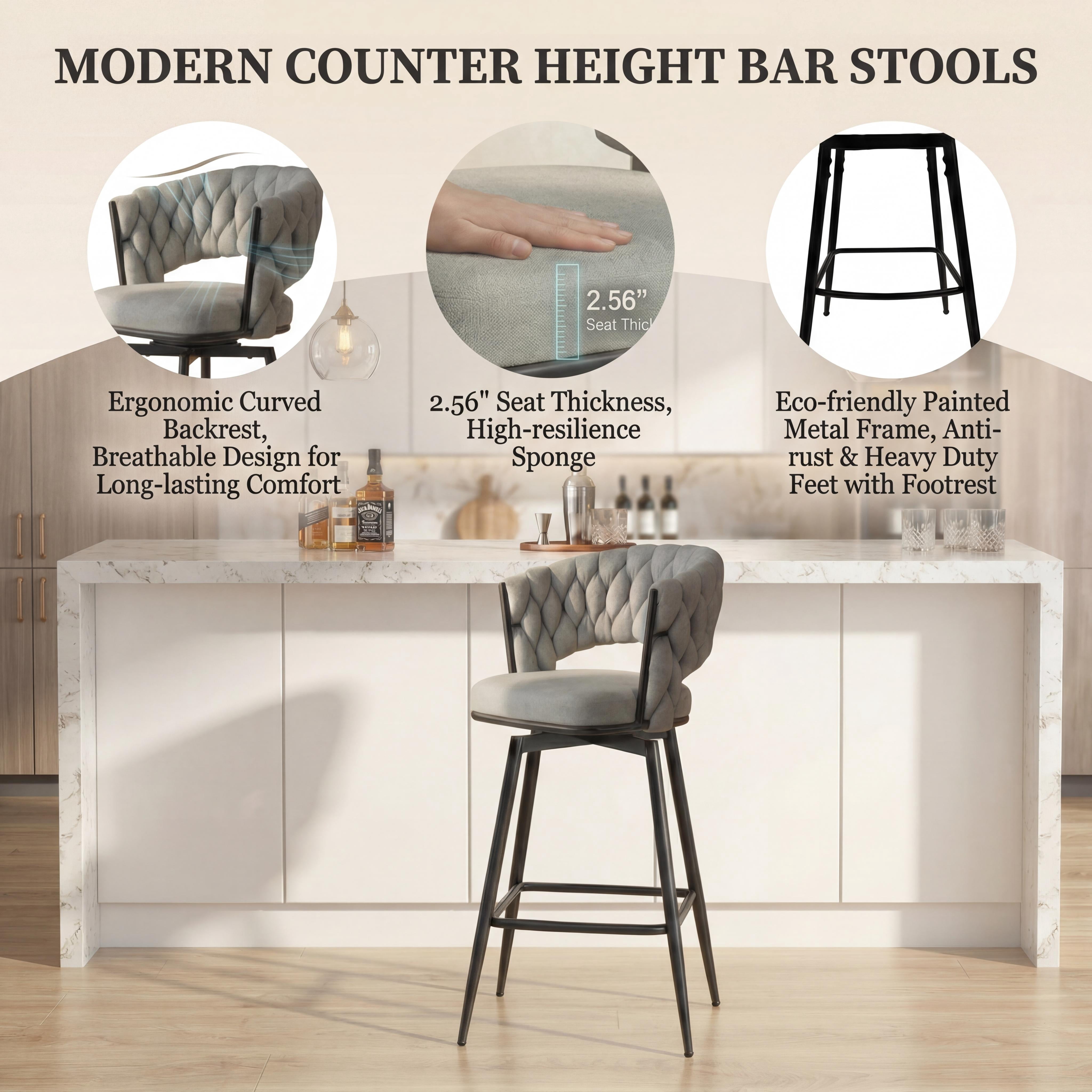 28" Counter Height Set of 2 Grey Linen Swivel Bar Stools with Woven Back and Footrest & Black Legs