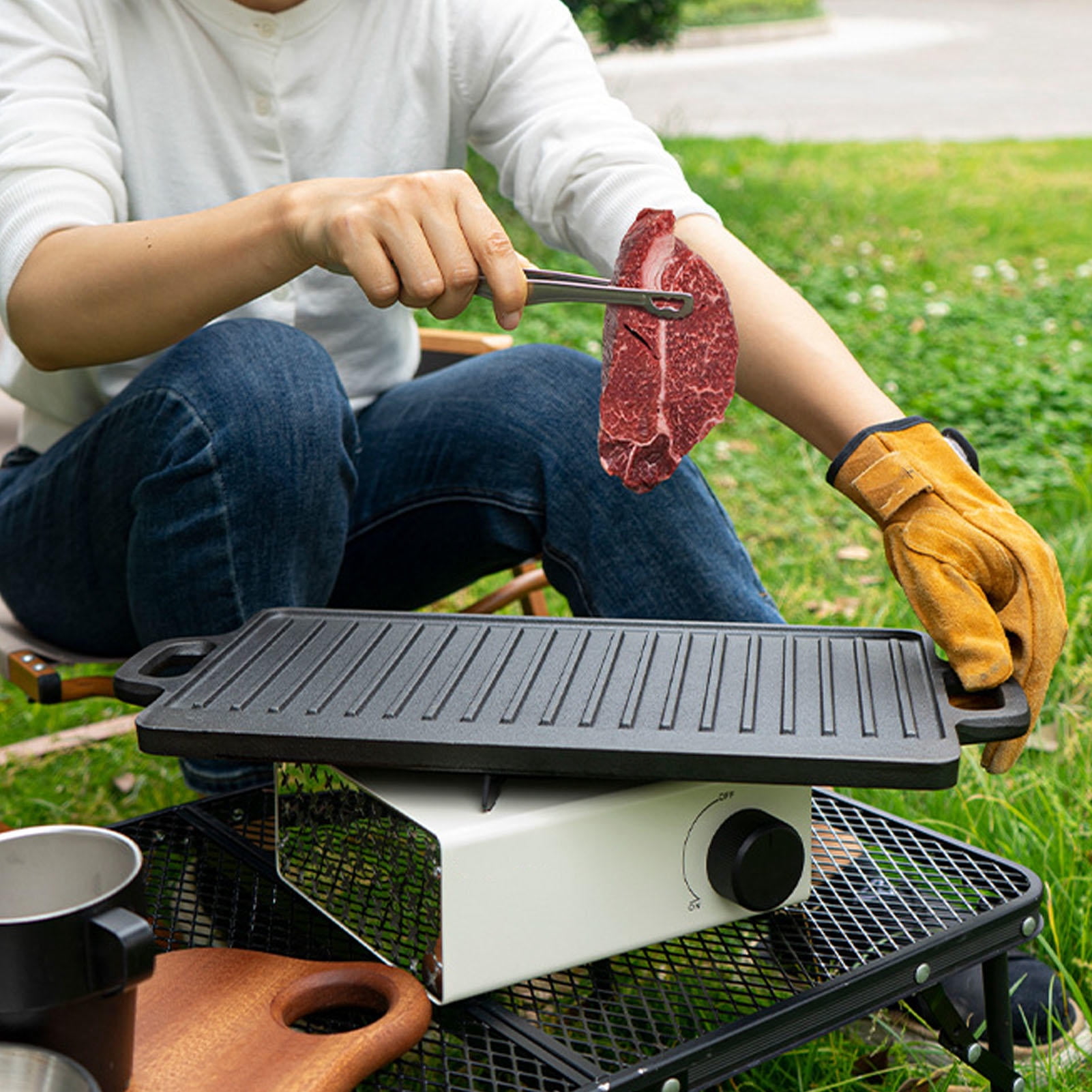 Yajisi 9.8”×18.1” Double‑Sided Iron Griddle Plate – Fast Even Heating, Reversible for Gas & Induction, Ideal for Outdoor Camping & Korean BBQ