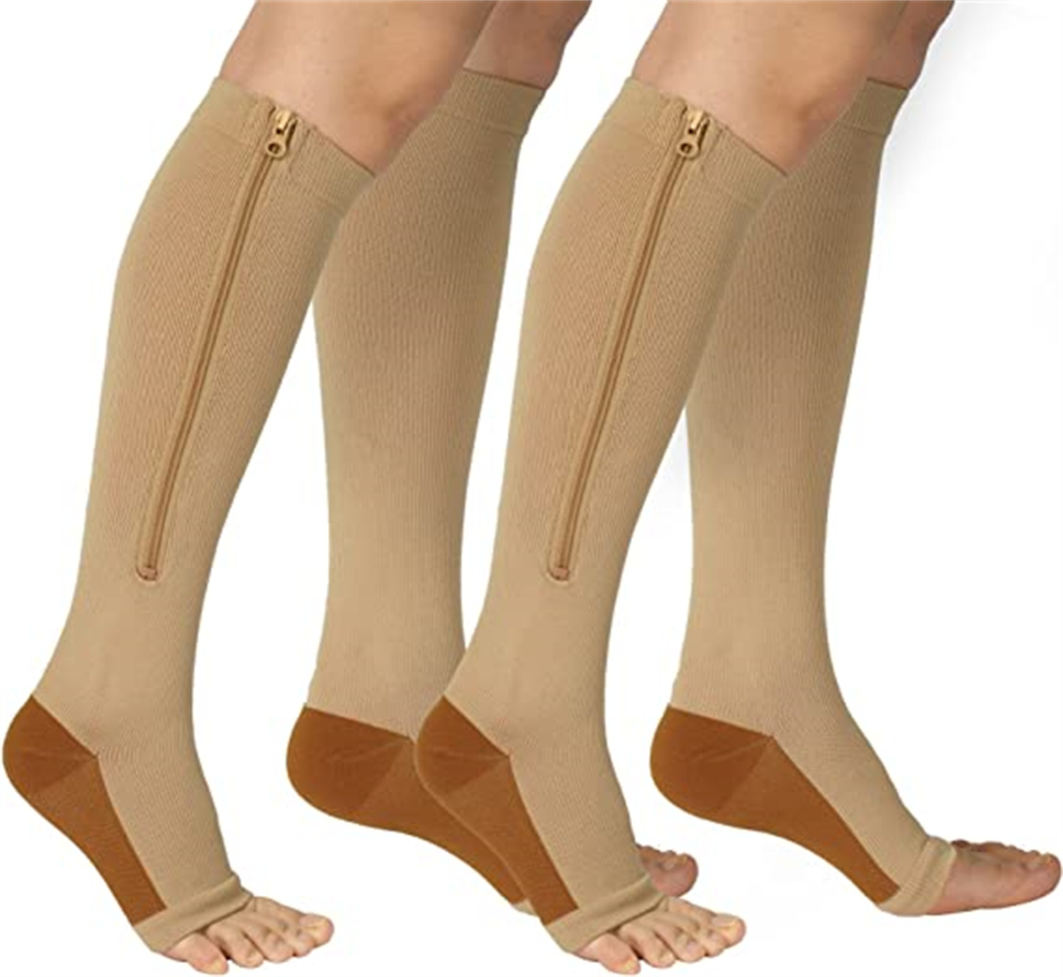 Wukang 2 Pairs Zipper Compression Socks with Copper Beige Open Toe