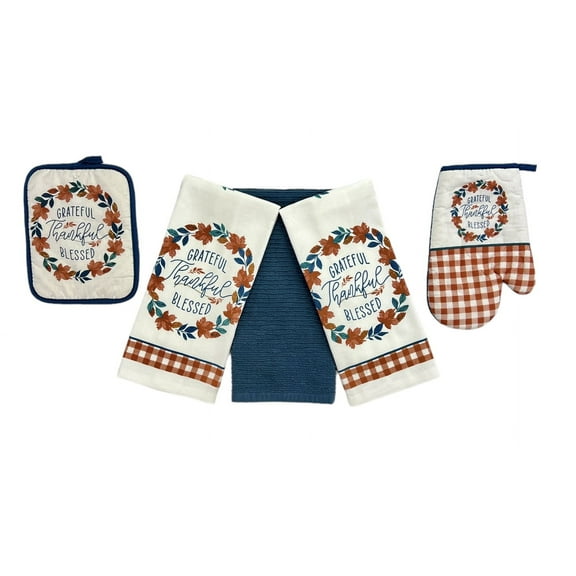 Serafina Home Farmhouse Fall Decor Kitchen Towels and Pot Holder Set: Welcome Harvest Wreath with Burnt Orange and Blue Leaves