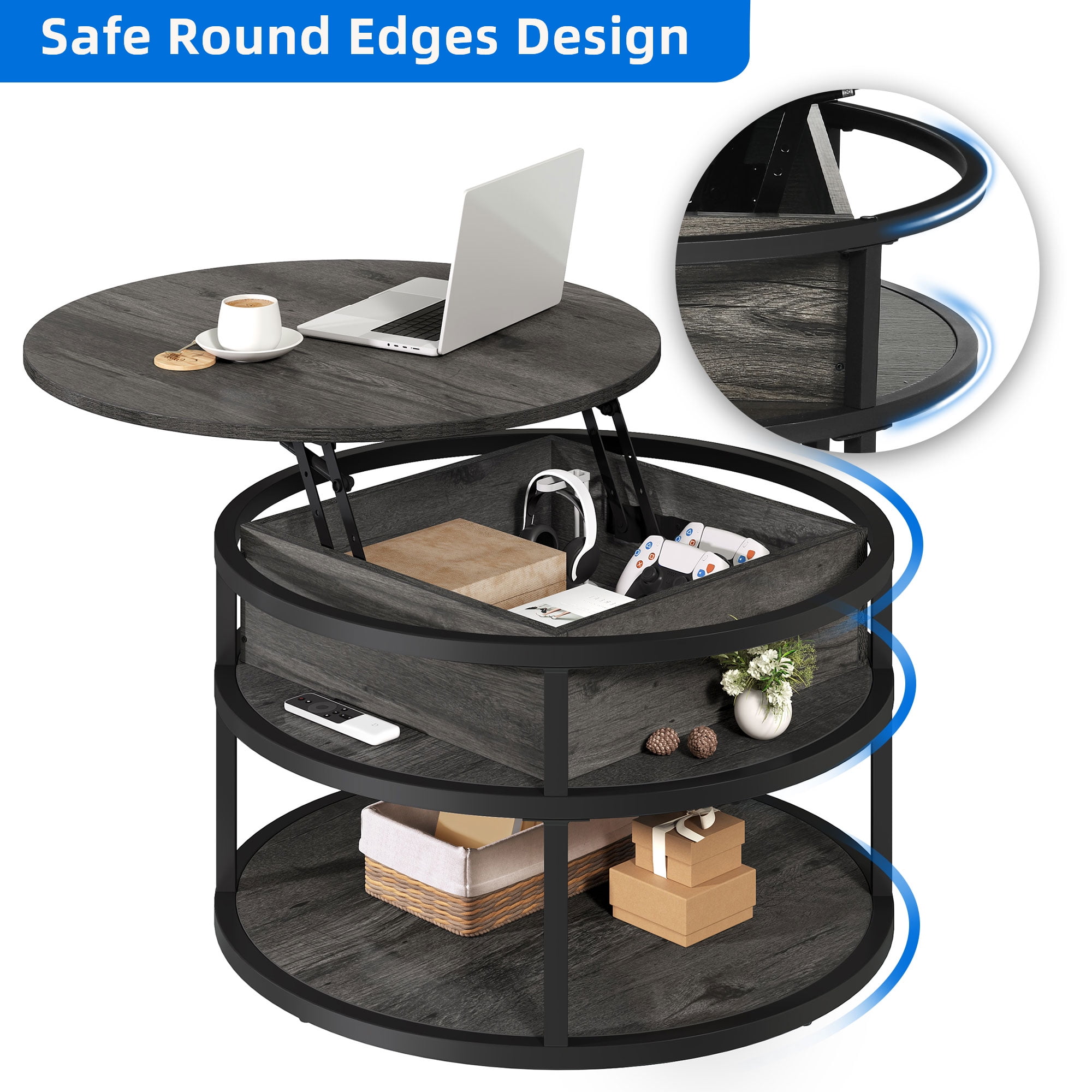 Dextrus Modern Lift Top Coffee Table with Storage, Round Center Tables for Living Room, Home Office, Gray