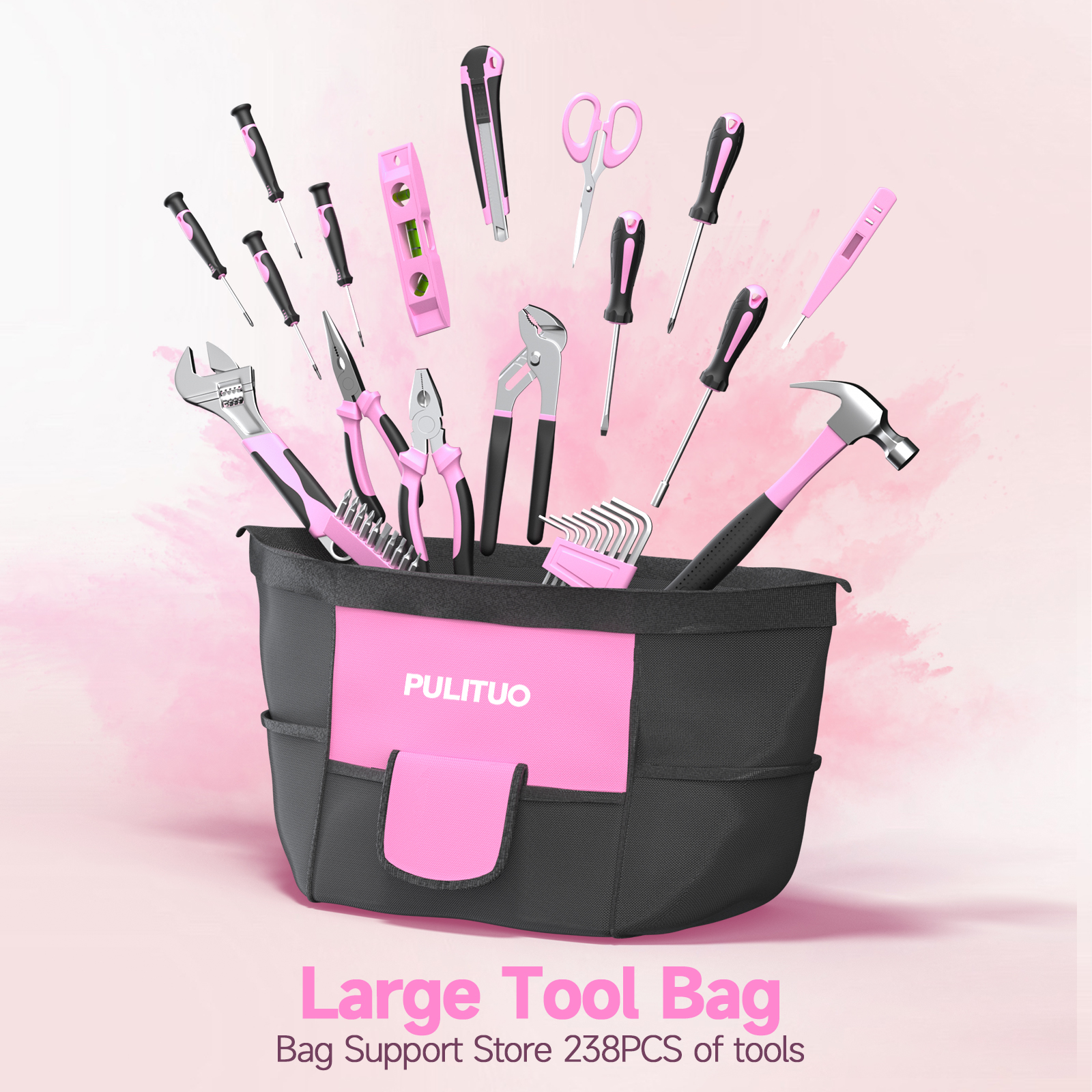 PULITUO 20V Cordless Pink Drill Kit, 238-Piece Tool Box, Electric Drill Driver with Battery, 2 Speeds, 21+1 Clutch, LED Light, Lady's Home Repair Set