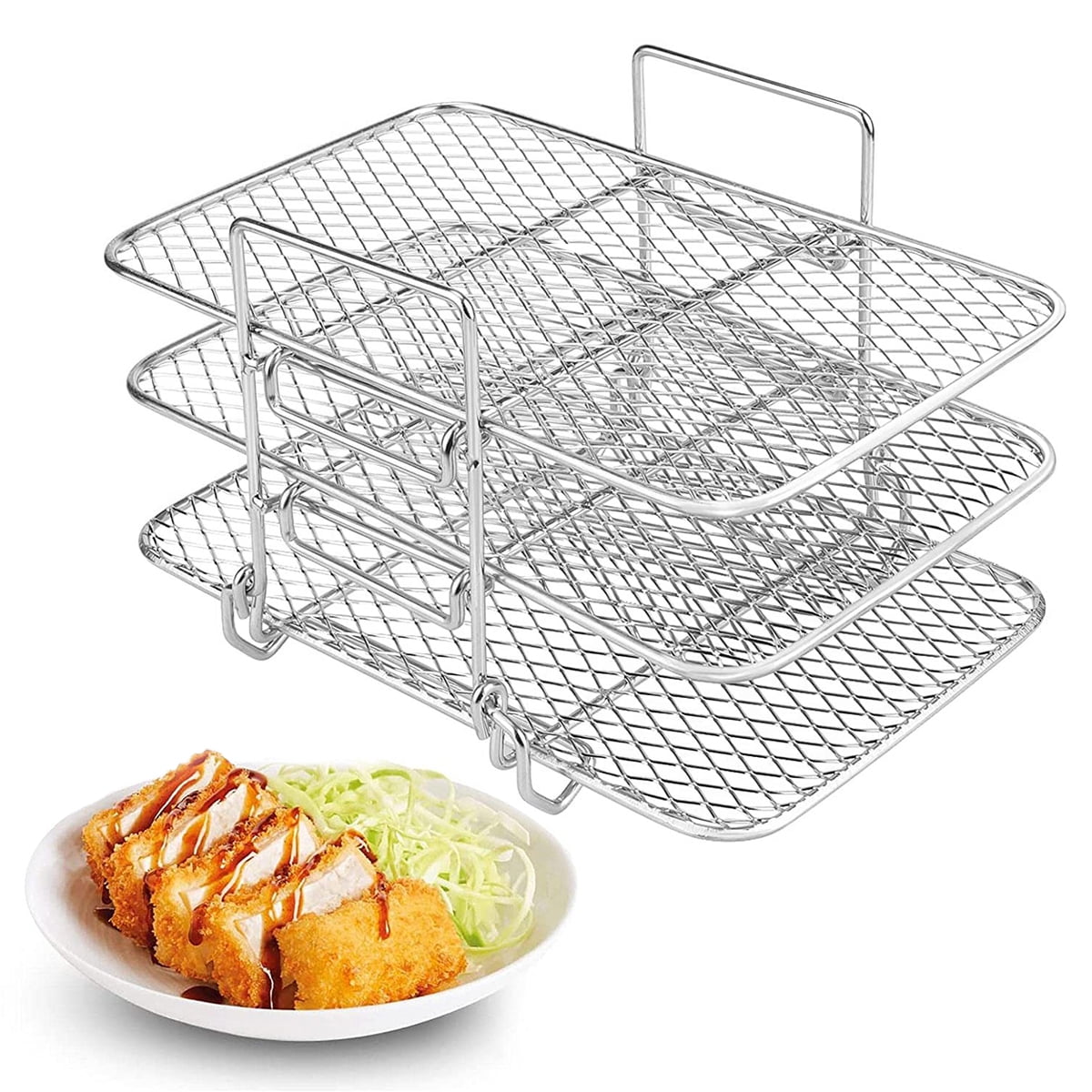 Air Fryer Rack for Ninja Dual Air Fryer Kannino 3pcs Layered Dehydrator Racks Stainless Steel Grilling Rack Rectangle Air Fryer Basket Tray with Clip