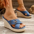 thumbnail image 4 of Rokment Womens Espadrilles Platform Wedge Sandals Trendy Casual Denim Leopard Buckles Open Toe Chunky High Heels Slip on Summer Dress Slides 2026 Blue Size 7, 4 of 6