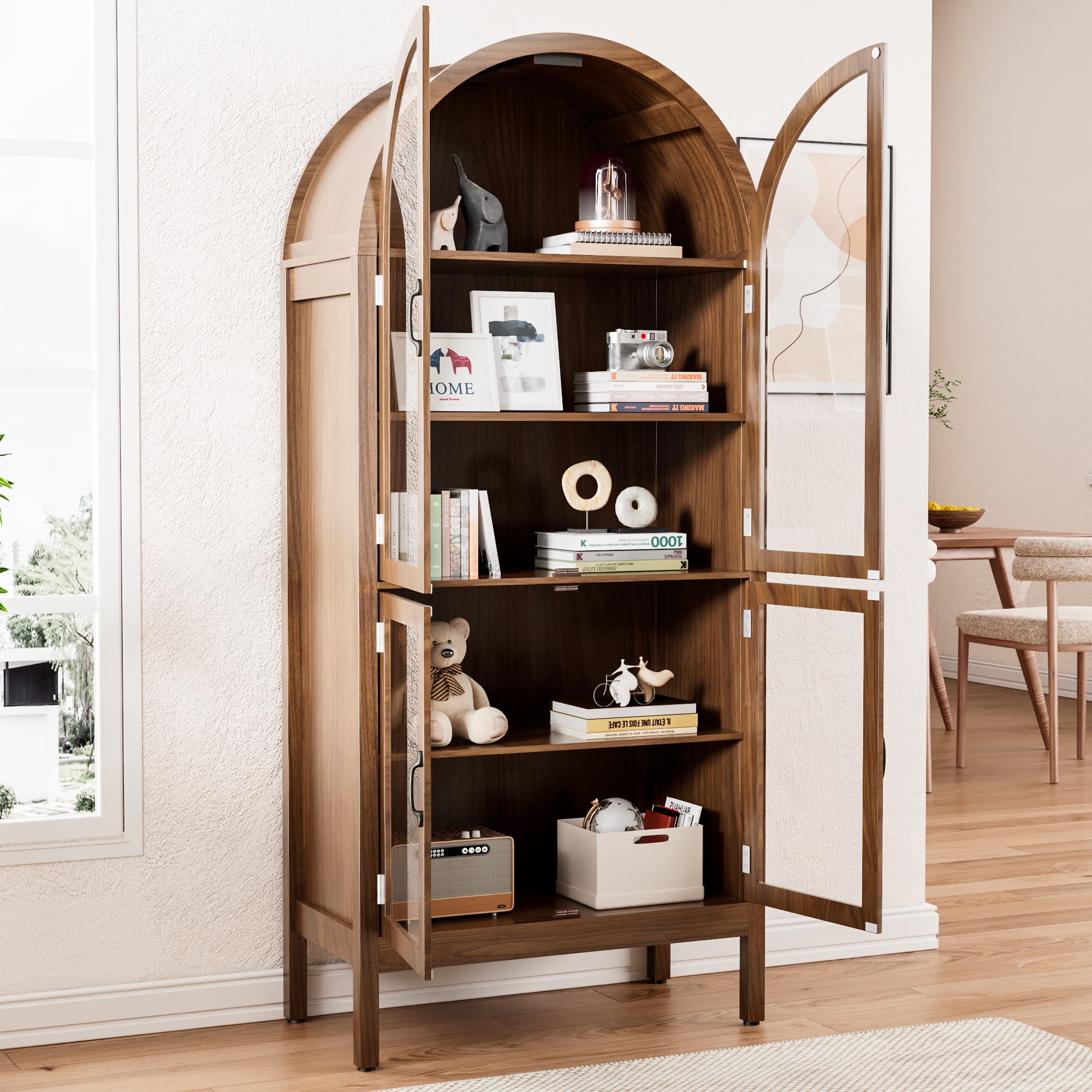70.9"Tall Arched Display Cabinet with Acrylic Glass Doors, Modern Farmhouse Kitchen Pantry Cabinet, 5-Tier Versatile Cupboard for Living Dining Room(Walnut, 31.5"W)