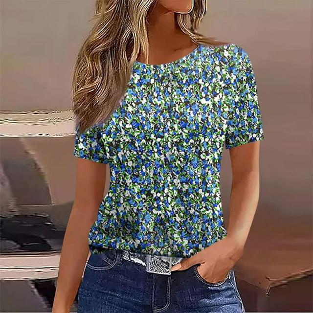 Qtocio Hauts Décontractés pour Femmes, T-Shirt à Manches Courtes Col Rond Tendance avec Imprimé Aléatoire Style Ample Été