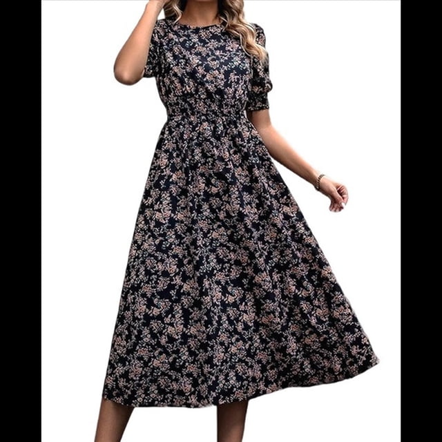 Vestidos Florales de para Mujer, Estilo Bohemio, Informal, de Verano, con Mangas Abullonadas, Estilo Occidental Negro S