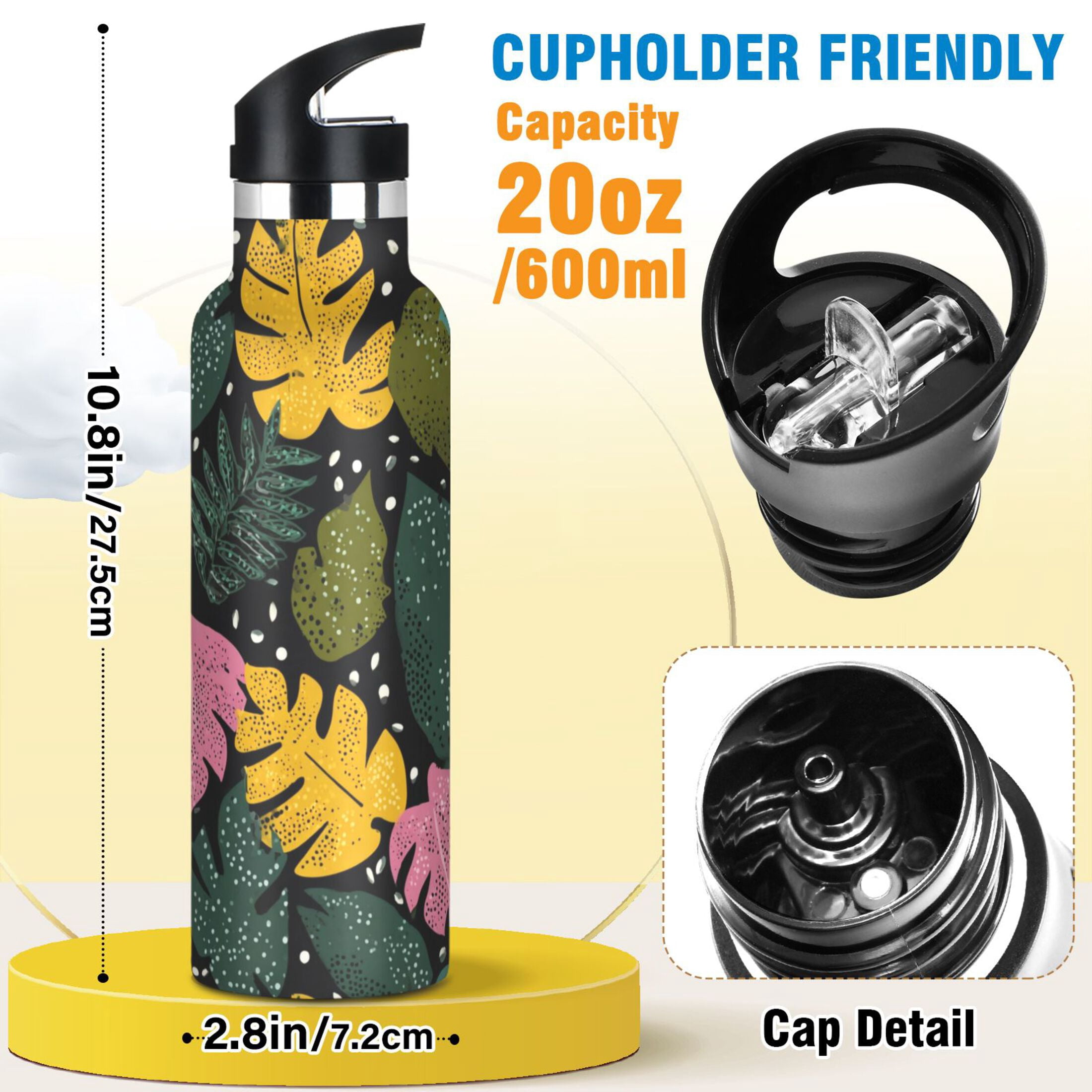 Kids Insulated Stainless Steel Sports Water Bottle 600ml Retro Tropical Leaves