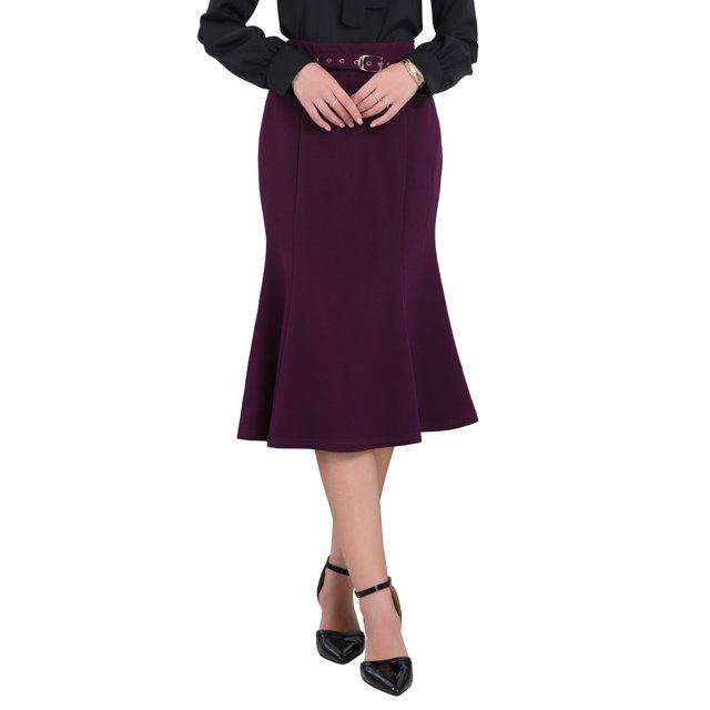 Falda de cola de pez elegante para mujer Inspire Chic, con cintura alta y cinturón, falda midi de trabajo, talla 2XL, color púrpura