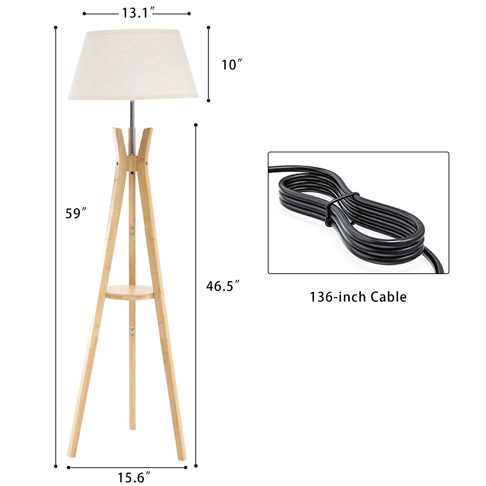 Bamboo Tripod Floor Lamp with Shelves,Mid Century Standing Lamp,Modern Design Studying Light for Living Room,Bedroom,Study Room and Office,Beige Linen Lamp Shade with E26 Base,Natural