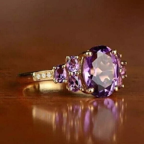 Mahablijewels Oval Cut Purple Cubic Zirconia For Womens Wedding Solitaire Ring 14K Yellow Gold Finish