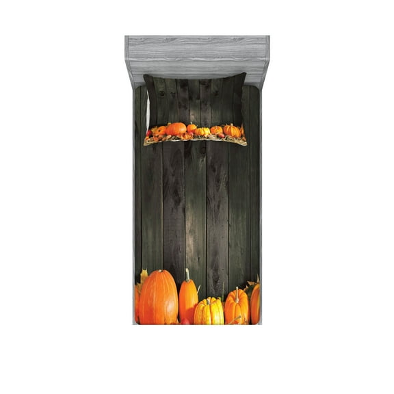 Harvest Fitted Sheet & Pillow Sham Set, Thanksgiving Themed Pumpkins Many Shapes Sizes in Hay Wooden Board Background, Decorative Printed 4 Piece Bedding Decor Set, Twin, Brown Orange, by Ambesonne