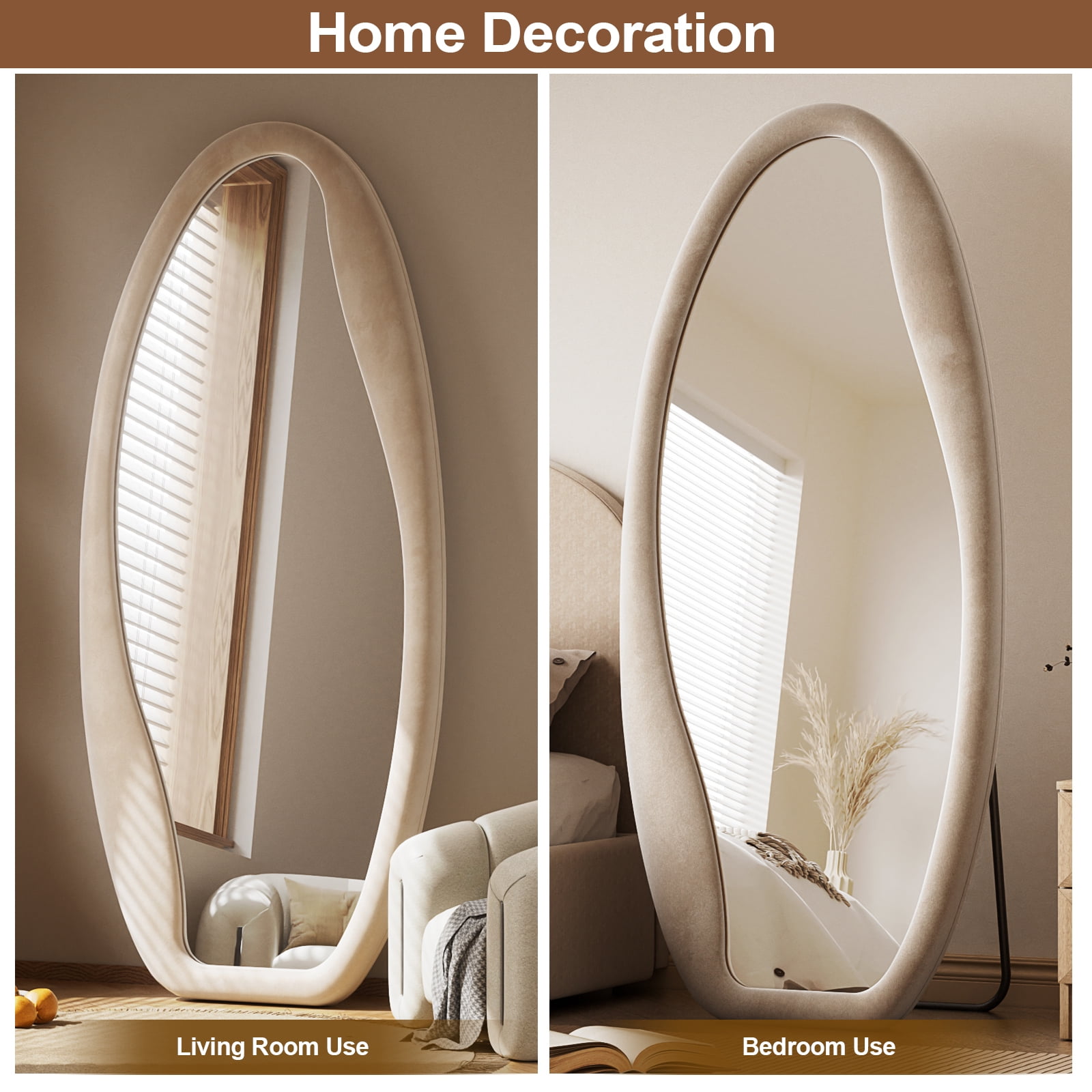 Anyrose 63"x24" Irregular Full Length Mirror Wavy Floor Mirror With Flannel Frame, White