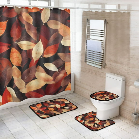 Ryvnso 4 Pcs Fall Autumn Leaves Bathroom Shower Curtain Set with 12 Hooks Bath Mat Toilet Lid Cover