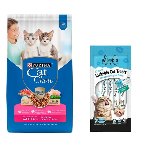 Cat Chow Gatitos Pescado Carne y Leche Defense Plus 7.5 kg + MIAUKISS LICKABLE ATUN 4 PACK 56GR