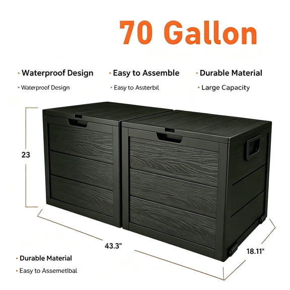 70 Gallon black Resin Deck Box with Lockable Latch, Waterproof UV-Resistant Multi-Purpose Outdoor Storage for Patio Cushions