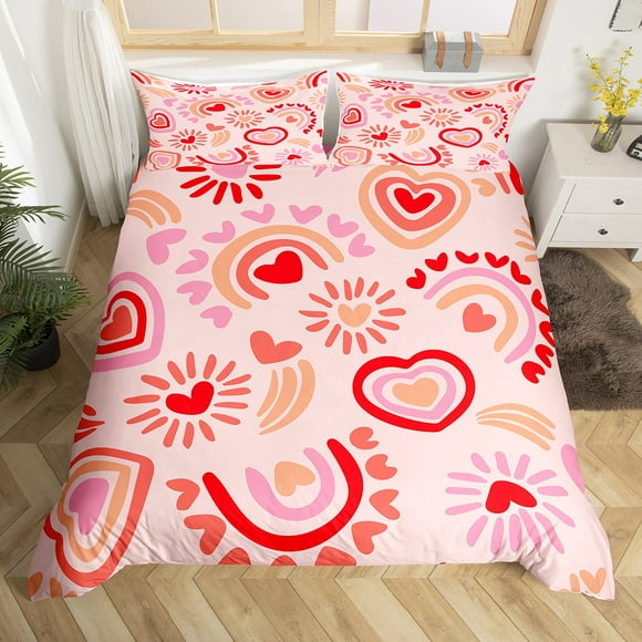 YST Rainbow Comforter Cover Love Heart Duvet Cover Pink Coral Peach Red Love Rainbows Queen Size Bedding Set For Girls Women Romantic Bed Set Valentine'S Day Wedding Gifts For Couple 3 Pcs