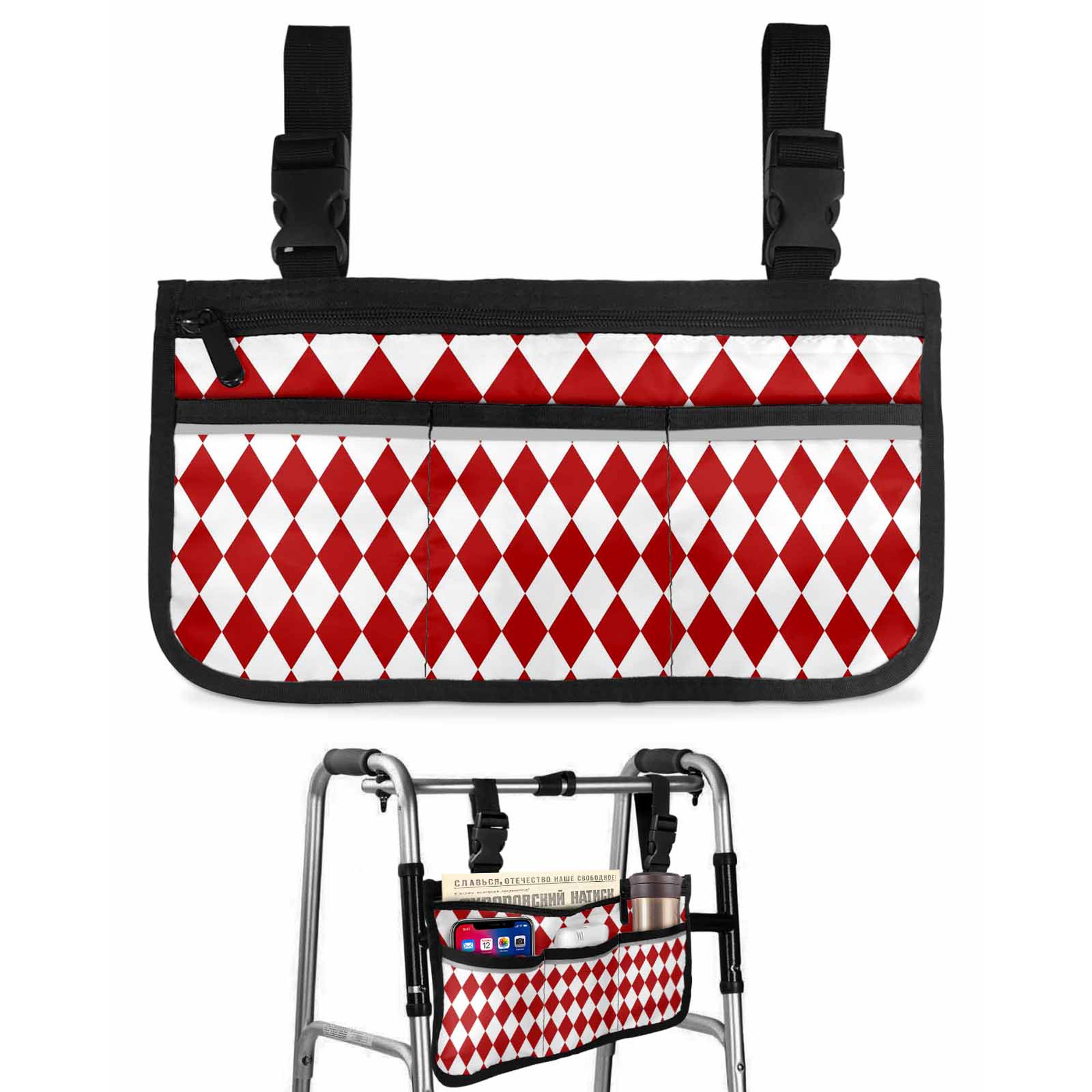 Red Diamond Plaid Wheelchair Side Bag with Cup Holder, White Geometric Check Abstract Modern Wheelchair Armrest Bag Storage Pouch Adults, Seniors for Walkers, Rollator, Scooter