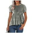 thumbnail image 3 of Meichang Velvet Peplum Tops for Women Short Sleeve Loose Fit Pleated Front Babydoll Blouses Dressy Casual Soft Velour Shirt, 3 of 9