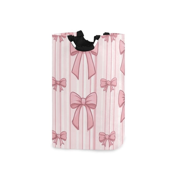 Vertical Pink Stripes with Bows Laundry Basket with Handles Foldable Laundry Hamper Freestanding Washing Bin 50L
