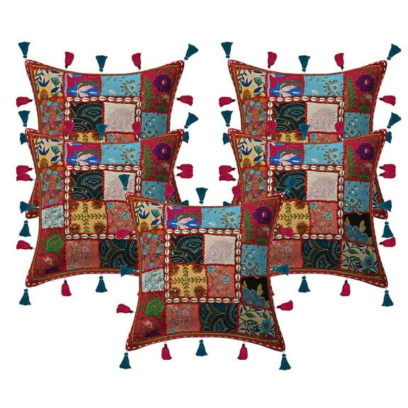 Stylo Culture Ethnic Couch Throw Pillow Covers 16x16 Embroidered Patchwork Cowrie Sea Shell Tassels Red Hippie 40x40 cm Bed Room Cotton Floral Square Cushion Covers | Set Of 5