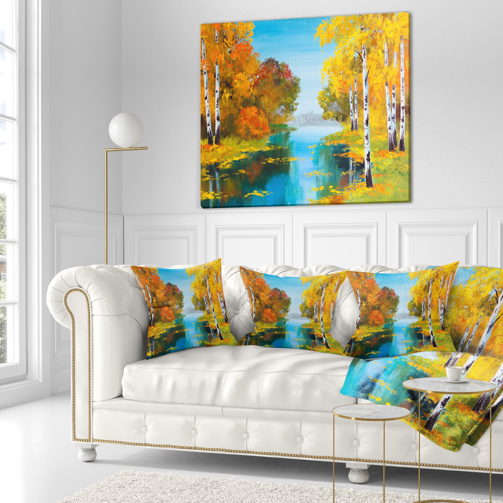 Designart Birch Forest near the River - Landscape Printed Throw Pillow - 16x16
