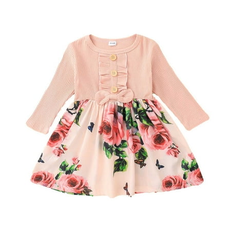 

LYXSSBYX Toddler Girl Dresses Princess Toddler Baby Girl Ribbing Striped Long-sleeved Printed Girls Dress Suit