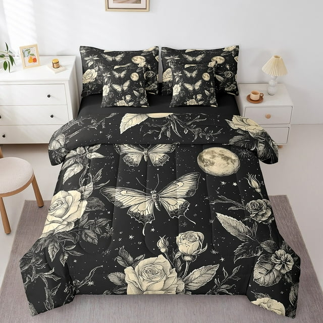 Erosebridal Ensembles de Literie Papillon Chic Format Simple, Ensembles de Douillette Vintage à Fleurs de Rose avec Draps, Réversible 7 Pcs