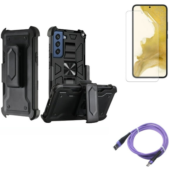 Matte Screen Protector & Case Belt Clip & 10ft USB Cable for Samsung Galaxy S22 (6.1") - TPU Film Anti-Glare & Holster Swivel & Purple Type-C Accessory Bundle