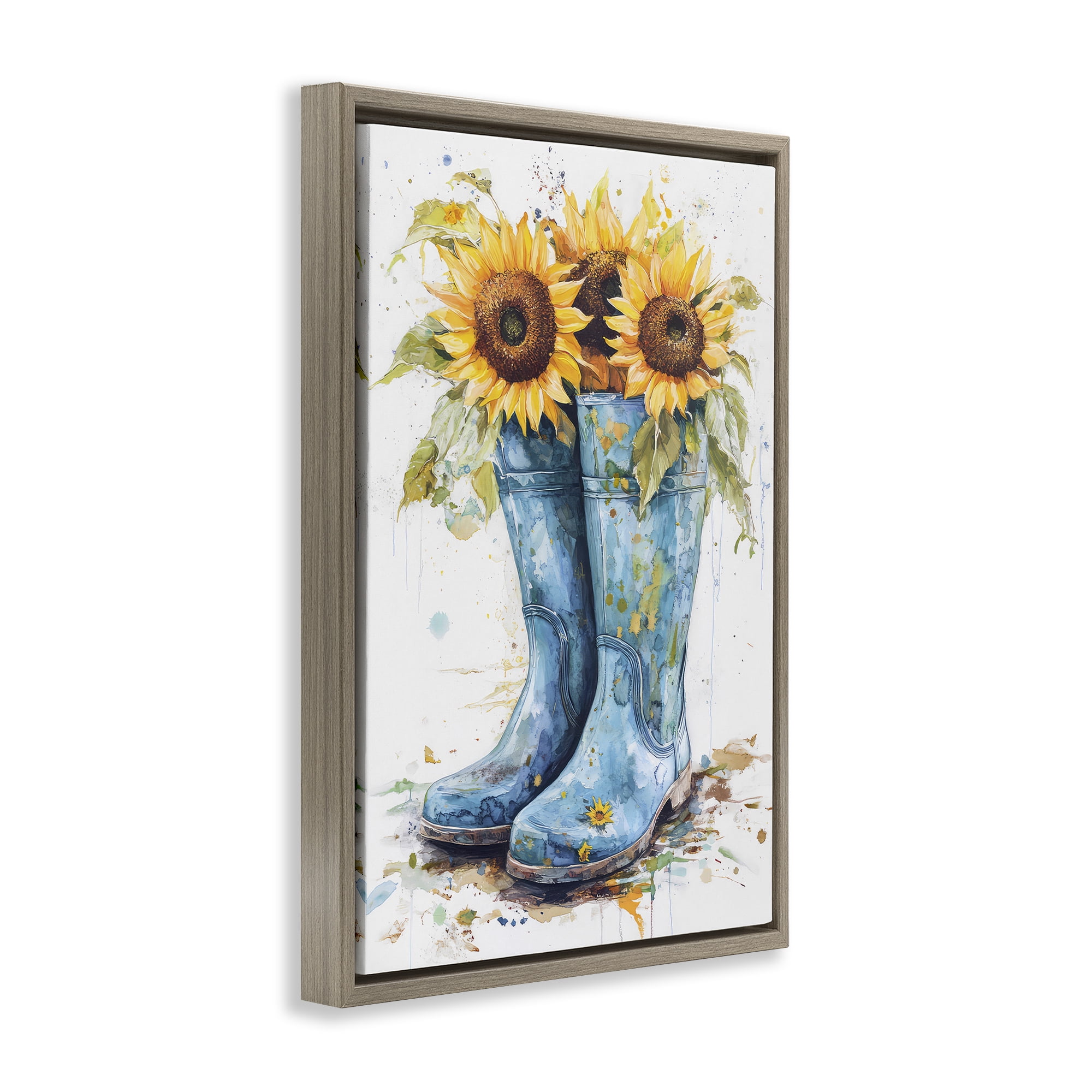 Stupell Industries Blue Rain Boots & Sunflowers Brown Framed Floater Canvas Wall Art, design by Tina LeCour