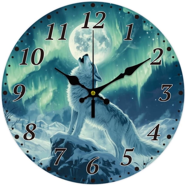 Reloj de pared de 12 pulgadas con diseño de lobos aulladores y auroras boreales, funciona con pilas, silencioso, redondo y decorativo.