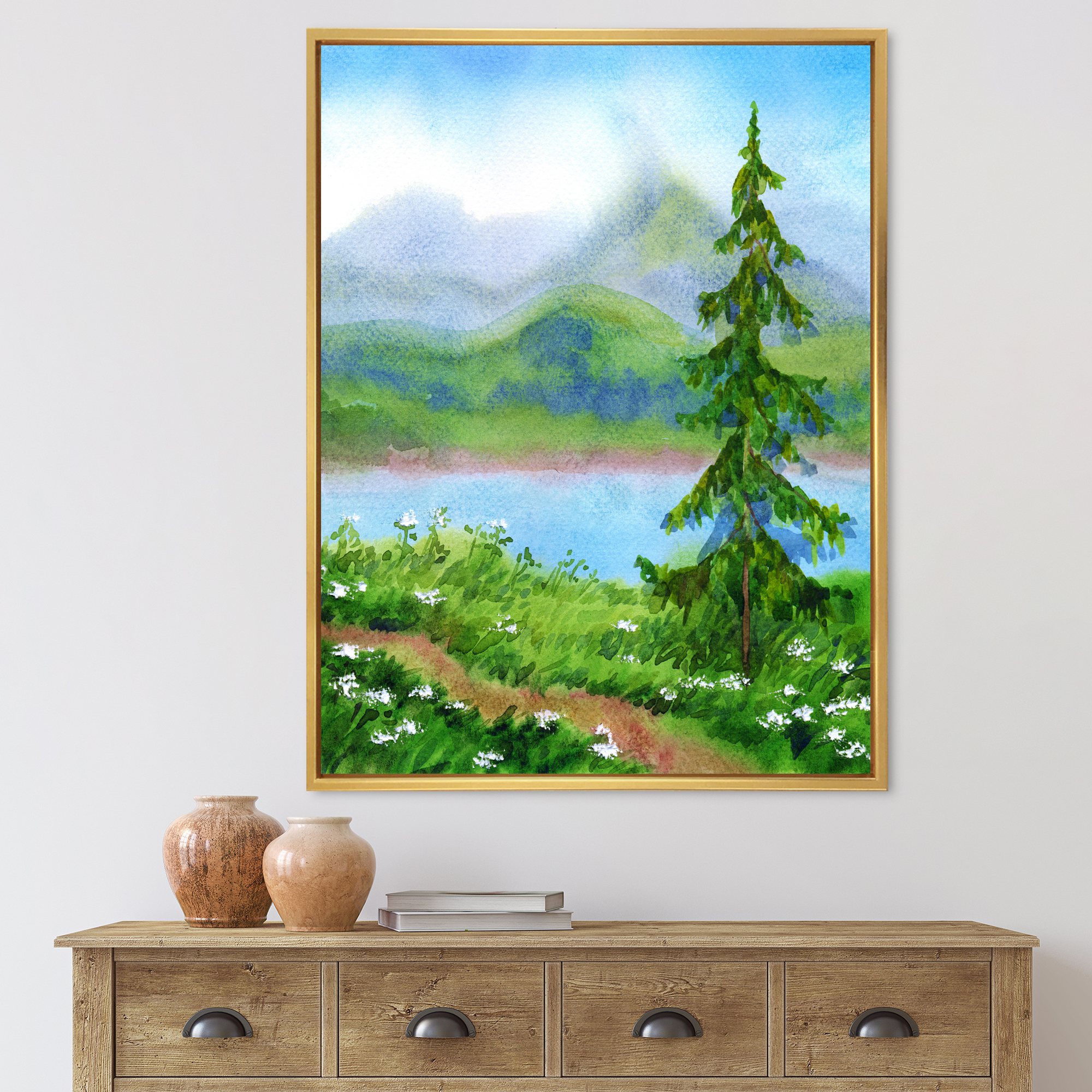 Designart 'Landscape River Spruce Near The Trail On A Hill' Traditional Framed Canvas Wall Art Print
