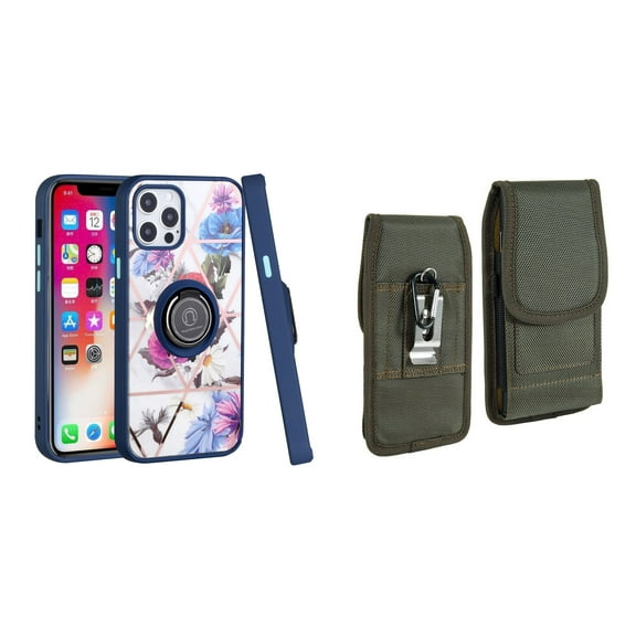 Bemz Ring Series Case for iPhone 14 (TPU Silicone Cover with Magnetic Stand) and Vertical Rugged Nylon Belt Holster Pouch (Blue Purple Flowers/Midnight Green)