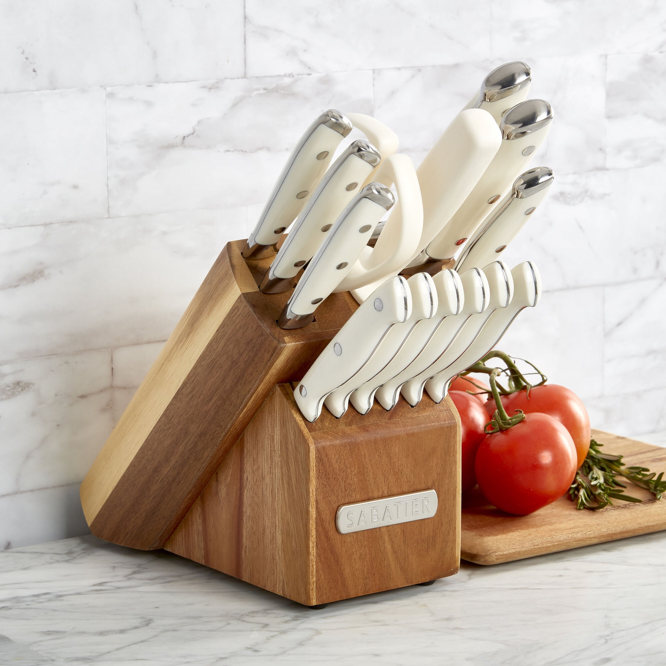 Sabatier 15 Piece Forged Knife Block Set with Acacia Wood Block, White Handles