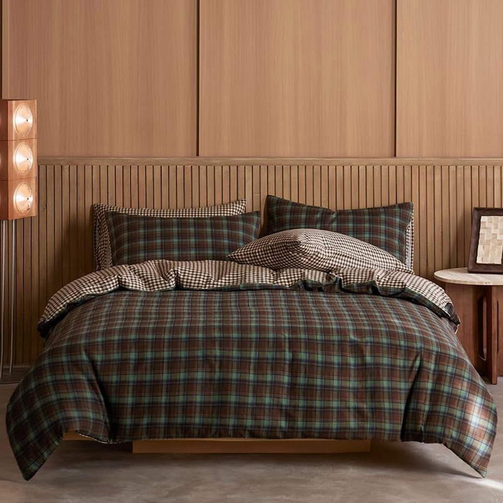 JOLUSERE Green Brown Plaid Duvet Cover King Set, 3-Piece Vintage Beige Brown Grid Checkered Pattern Soft Comforter Cover