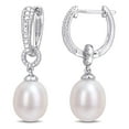 thumbnail image 1 of Miabella 8-8.5mm Freshwater Cultured Pearl and Diamond Accent Sterling Silver Dangle Hoop Earrings, 1 of 3