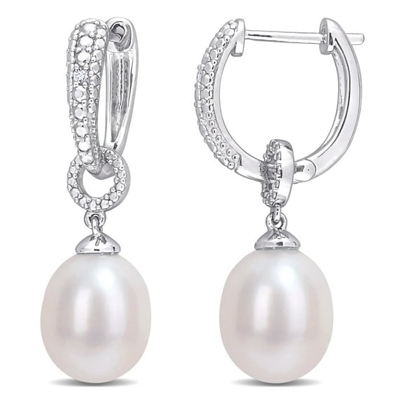 Miabella 8-8.5mm Freshwater Cultured Pearl and Diamond Accent Sterling Silver Dangle Hoop Earrings
