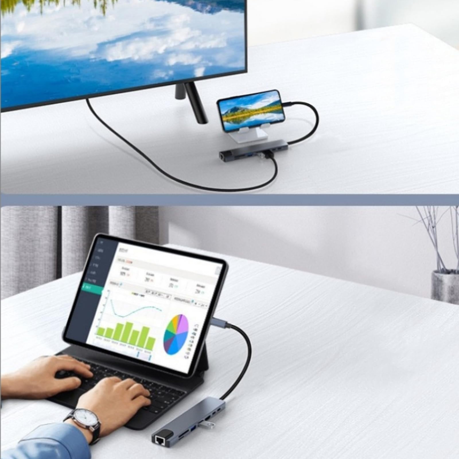 USB C Hub Adapter Laptop Docking Station 8 in 1 USBC Dongle to 4K HDMI,Ethernet,2 USB,Type-C,SD TF Card Reader,PD 100W Compatible with iPhone16/MacBook/Dell and Other Type C Laptops Device