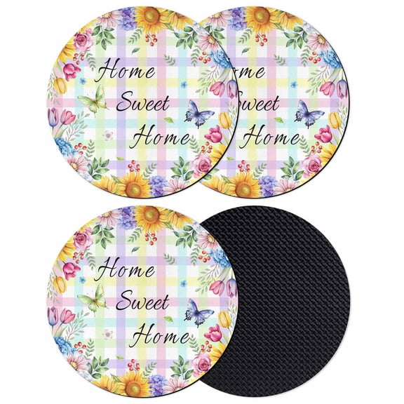 Spring Wildflowers Coasters Set of 4, Absorbent Coasters for Drinks, Watercolor Floral Leaf Colorful Plaid Coaster for Desk Coffee Table Protection, Home Decor House Warming Gifts 4"
