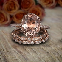 Limited Time Sale 2.75 Carat 8x6mm Oval Cut Morganite and Diamond Moissanite Trio Ring Set with One Engagement Ring and 2 Wedding Bands with 18k Gold Plating