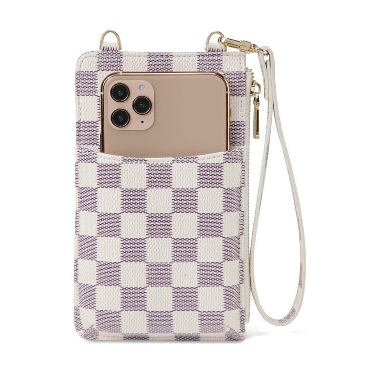 Daisy Rose Phone Holder Wallet and Cross Body Bag - RFID Blocking Wristlet  with Card Slots and Zip Pocket -PU Vegan Leather - Cream Checkered 